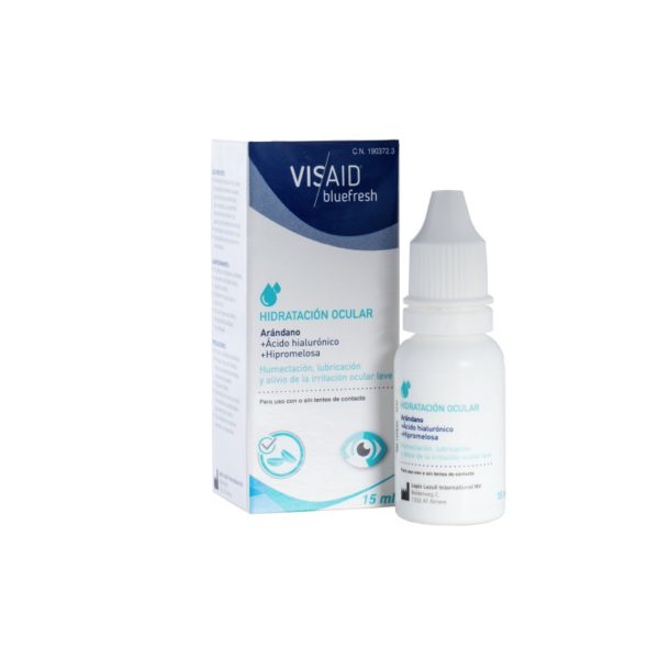 Visaid Bluefresh Hidratación Ocular con Arándano + Ácido hialurónico + Hipromelosa para la humectación, lubricación y alivio de la irritación ocular leve.